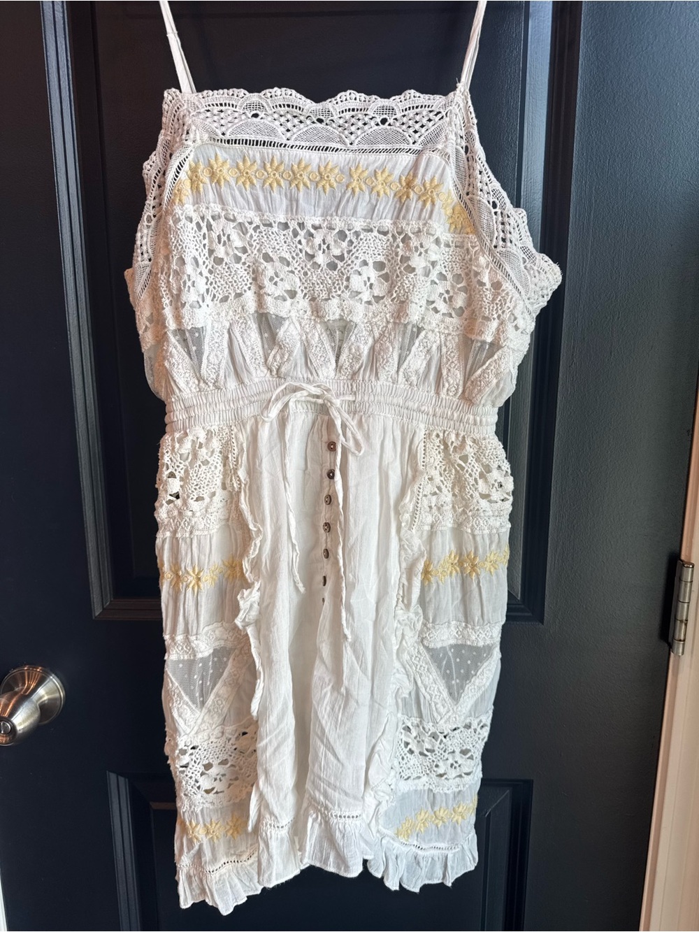 Free People White Crochet Mini Dress with Yellow Embroidery